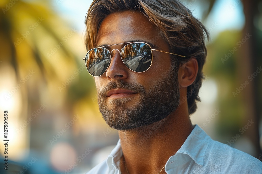 A person with a beard wearing sunglasses and a white shirt A person with a beard wearing sunglasses and a white shirt