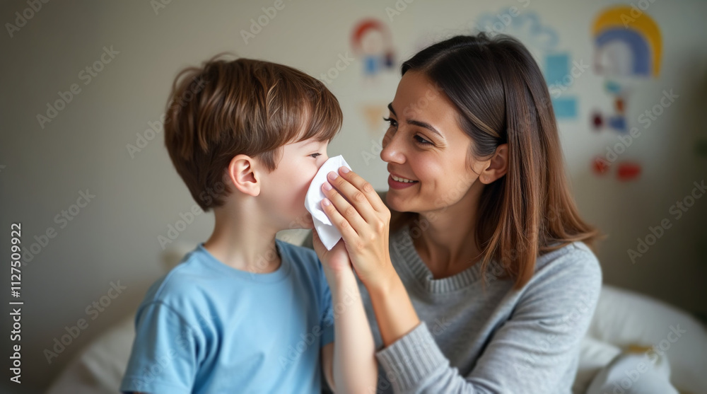 A nurturing woman assists a young boy with a tissue, conveying care and warmth in a cozy, softly decorated room. A nurturing woman assists a young boy with a tissue, conveying care and warmth in a cozy, softly decorated room.