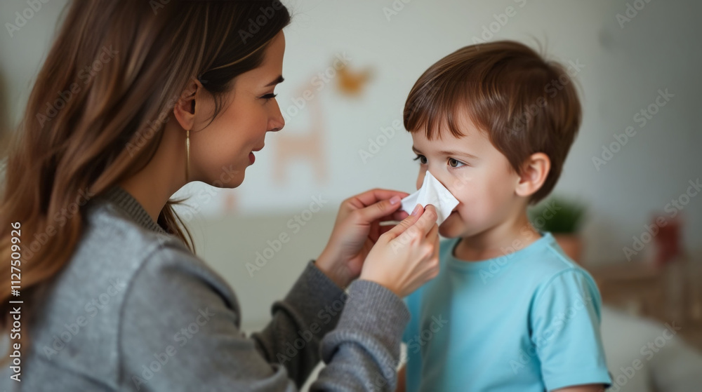A nurturing woman assists a young boy with a tissue, conveying care and warmth in a cozy, softly decorated room. A nurturing woman assists a young boy with a tissue, conveying care and warmth in a cozy, softly decorated room.