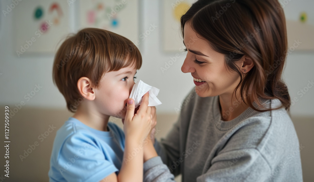 A nurturing woman assists a young boy with a tissue, conveying care and warmth in a cozy, softly decorated room. A nurturing woman assists a young boy with a tissue, conveying care and warmth in a cozy, softly decorated room.