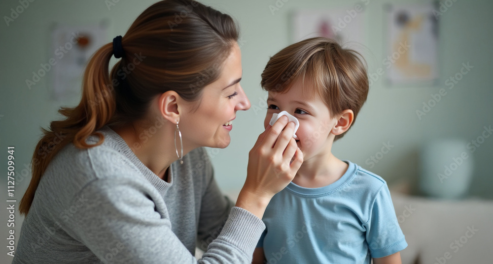 A nurturing woman assists a young boy with a tissue, conveying care and warmth in a cozy, softly decorated room. A nurturing woman assists a young boy with a tissue, conveying care and warmth in a cozy, softly decorated room.