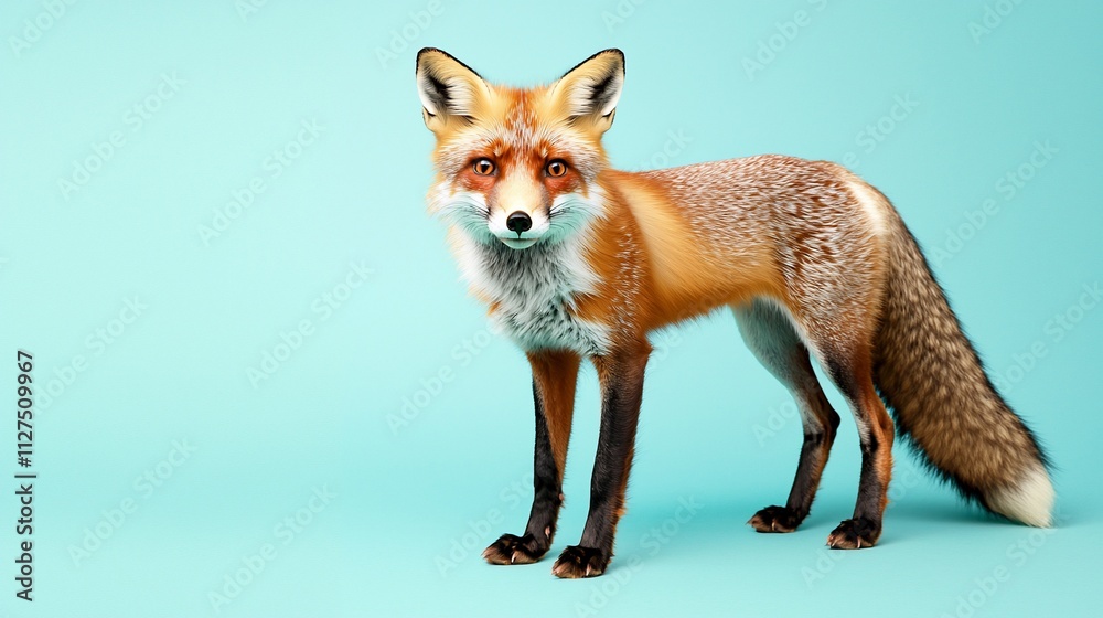 Fototapeta premium Red fox standing on a light blue background.