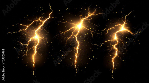 Set of yellow lightning, electric thunderbolt strike during night storm. Powerful electrical discharge, impact, crack, magical energy flash. Realistic 3d vector bolts isolated on black background photo