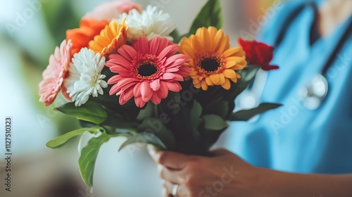 A hospital volunteer bringing flowers to a recovering patient in their room. photo