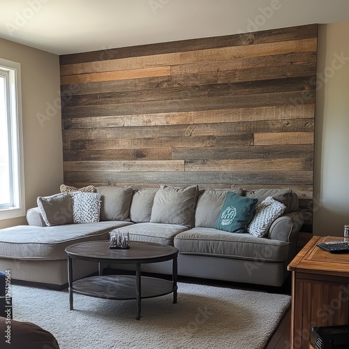 Reclaimed wood wall accent in living room with sectional sofa and coffee table. photo