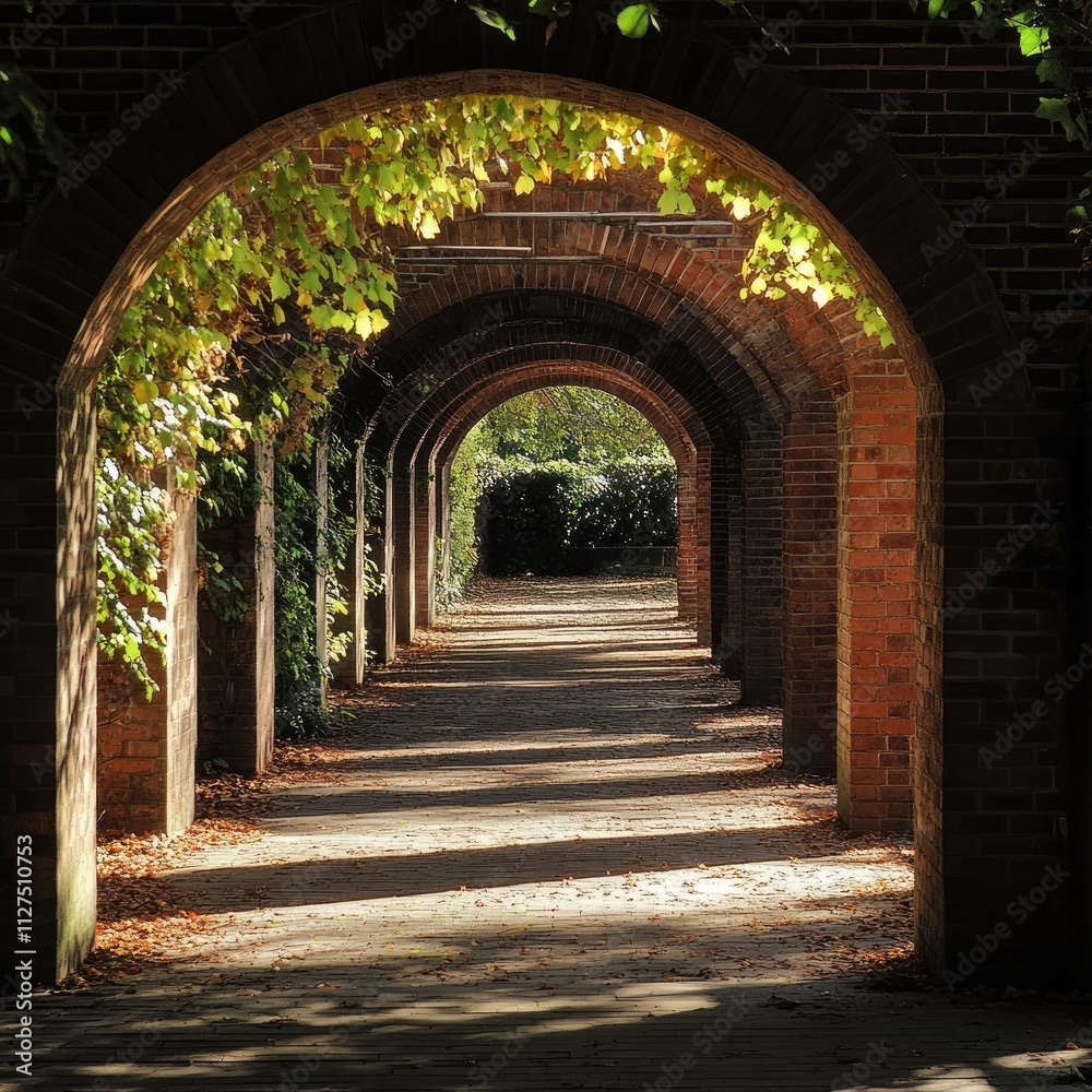 Fototapeta premium An archway with intricate brickwork, beautifully capturing the interplay of shadow and light in a serene natural setting, highlighting craftsmanship and timeless architectural design.