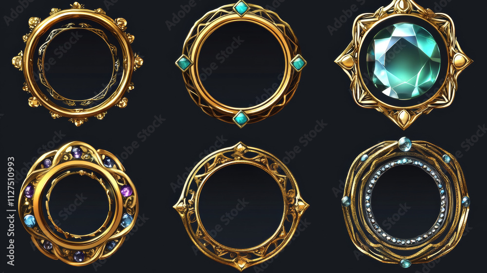 Set of golden frames, square and round borders with ornate metal rims and gem stones. Medieval cartoon game elements, empty metallic bordering with gemstones, isolated photoframes, Vector illustration Set of golden frames, square and round borders with ornate metal rims and gem stones. Medieval cartoon game elements, empty metallic bordering with gemstones, isolated photoframes, Vector illustration