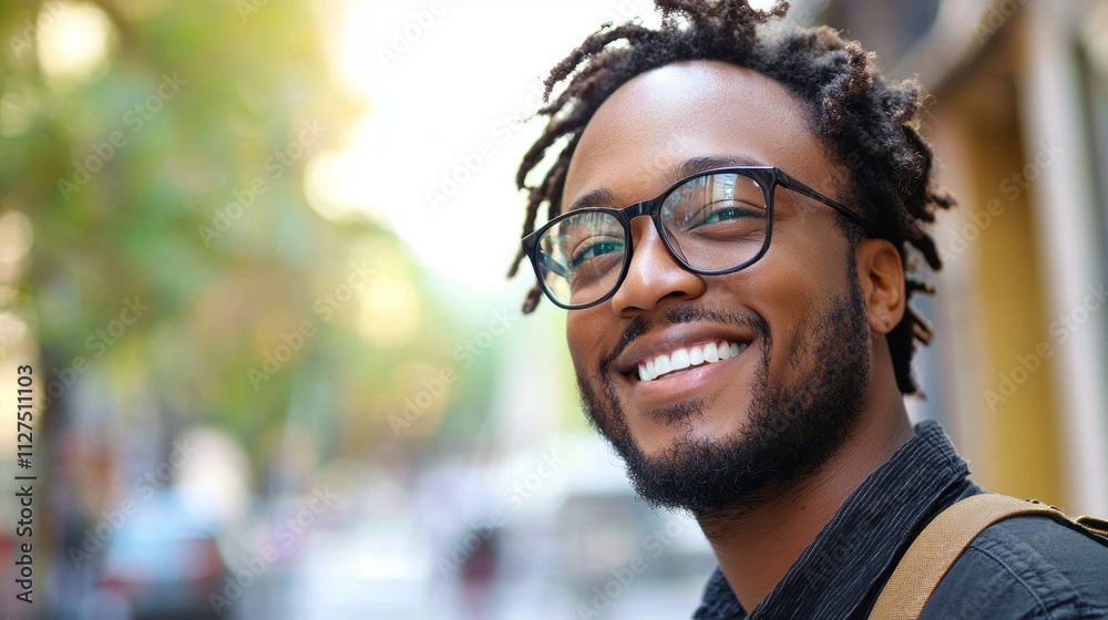 A cheerful man adorned with stylish glasses beams at the camera with a friendly smile A cheerful man adorned with stylish glasses beams at the camera with a friendly smile
