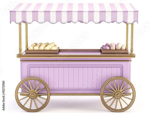 A candy cart brimming with colorful treats, adorned with an appealing design featuring orange and white stripes, ideal for festive occasions or outdoor markets. photo