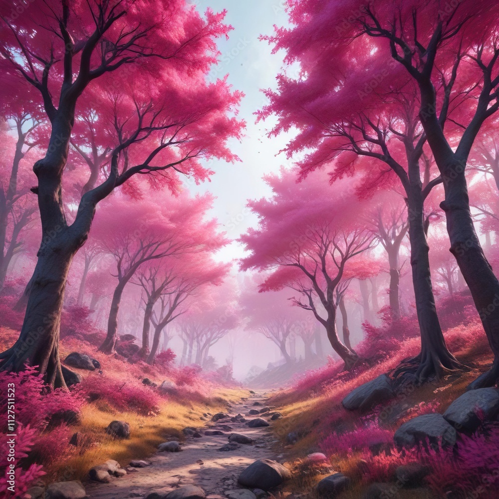 Fototapeta premium Fantasy forest scene with pink trees and whimsical atmosphere, foliage, surreal, dreamy, whimsical