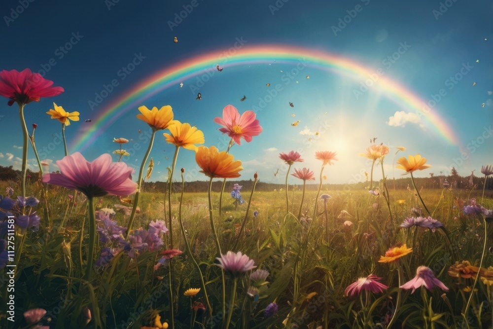 Obraz premium A lush, vibrant meadow with giant flowers, glowing fireflies dancing in the air, and a rainbow arching across a bright blue sky. 