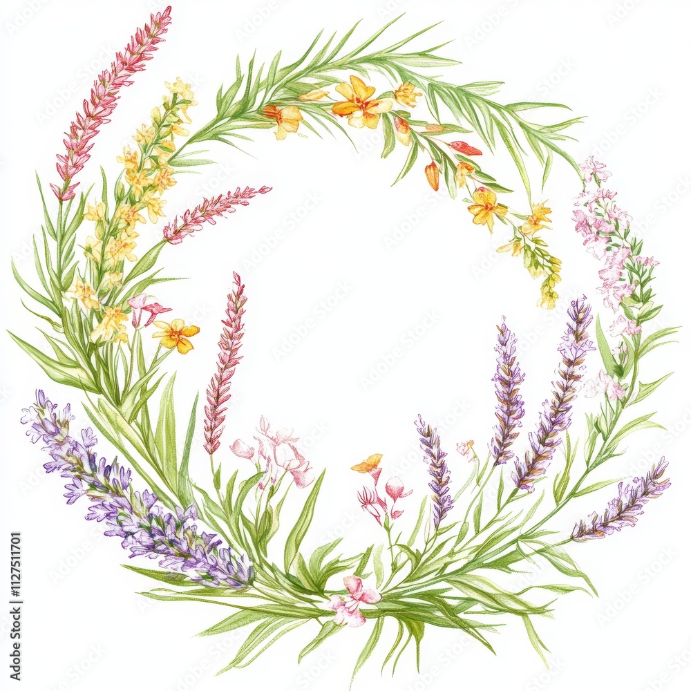 Naklejka premium A lovely display of purple flowers and green leaves set against a white backdrop, perfect for decoration..An elegant combination of purple blooms and green foliage on a white canvas, superb for