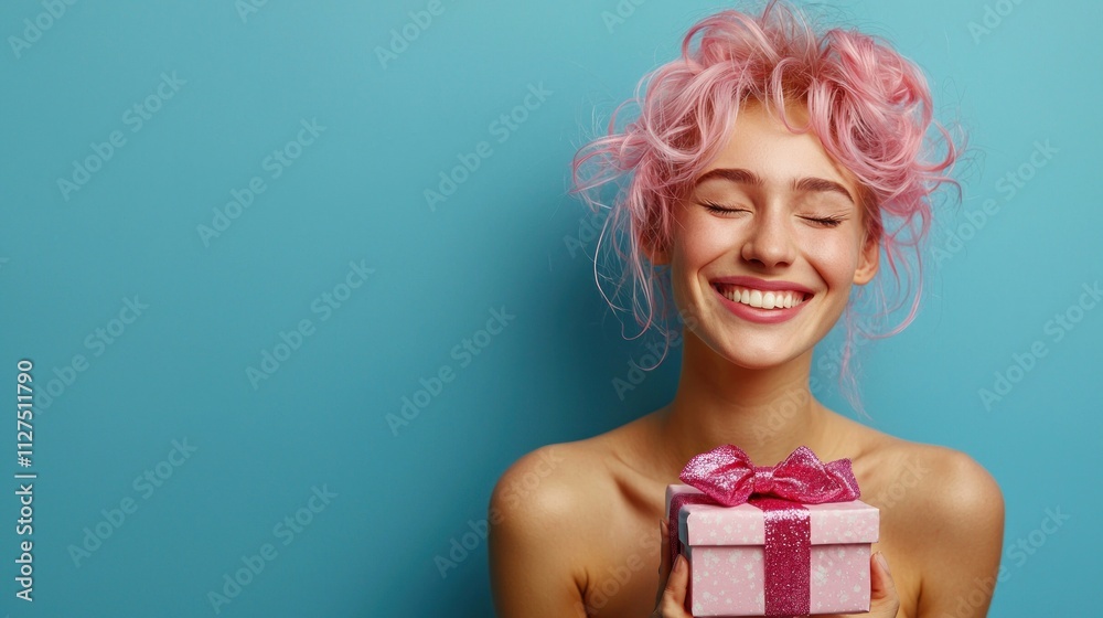Joyful Woman with Pink Hair Receiving a Gift Joyful Woman with Pink Hair Receiving a Gift