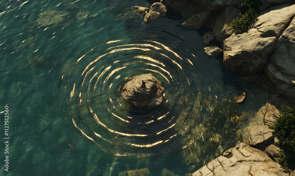 Solitary rock in calm water with concentric ripples. Solitary rock in calm water with concentric ripples.