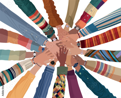 A group of hands stacked on top of each other. Diverse multicultural people. Embracing diversity, cultural inclusivity, and racial equality. teamwork community cooperation and unity