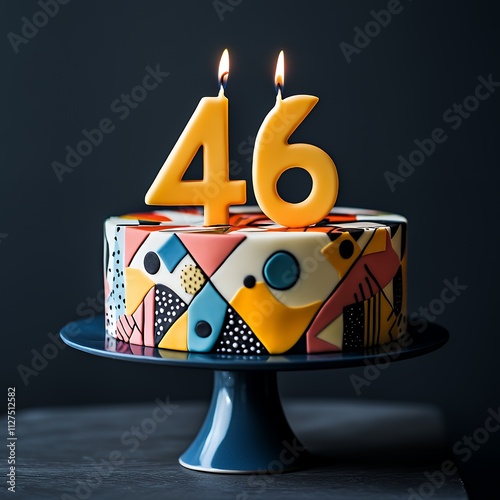 Colorful Birthday Cake With the Number 46 and Lit Candles Surrounded by a Dark Background at a Celebration photo