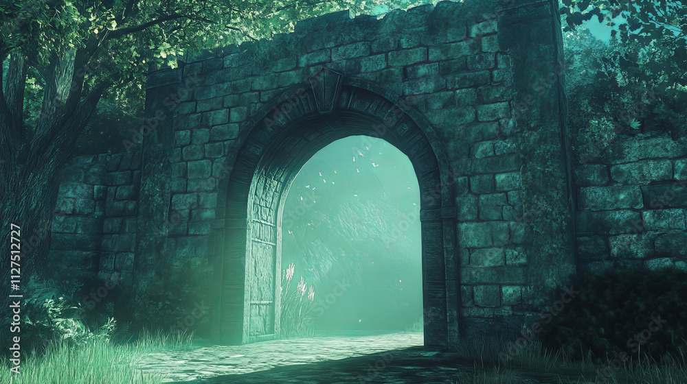 Fototapeta premium Magic portal on stone ui game. Fantasy gate to wizard dimension. Green door as entrance to parallel fantastic universe. Adventure teleport hole inside arch to travel. Abstract island with doorway