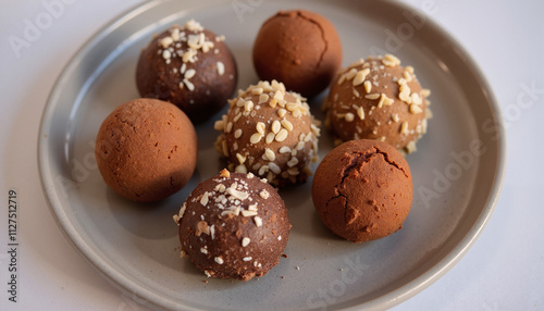 Chocolate truffles with nuts on a gray plate