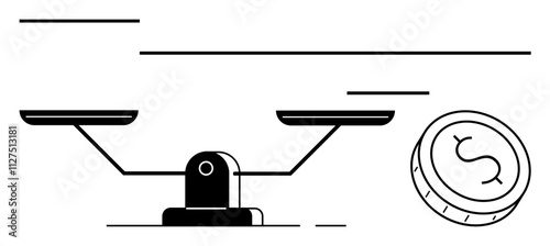 Balance scale with empty pans alongside a coin marked with a dollar sign. Ideal for finance, equality, justice, investment, wealth management, economics, and business. Line metaphor