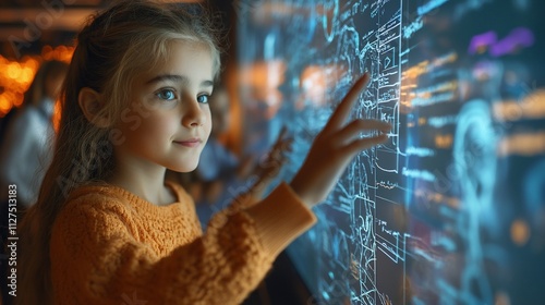 Curious girl interacts with futuristic interactive display.