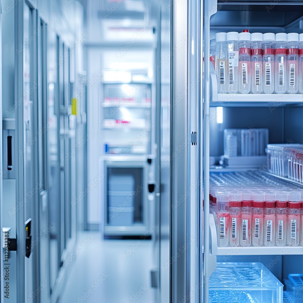 A laboratory freezer containing neatly labeled samples, arranged systematically, showcasing an organized and professional scientific environment A laboratory freezer containing neatly labeled samples, arranged systematically, showcasing an organized and professional scientific environment