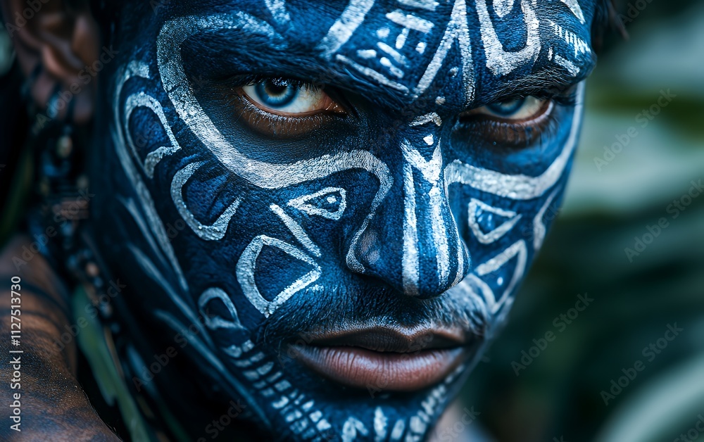 Naklejka premium Man With Intricate Blue Face Paint Gazes Intensely in a Lush Natural Setting During Daylight Hours