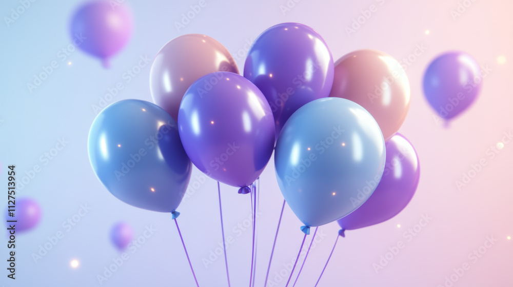 Birthday congratulation banner with helium flying blue and purple balloons on pastel background. Realistic 3d vector greeting template with holiday decor balls bunch for anniversary or New Year design Birthday congratulation banner with helium flying blue and purple balloons on pastel background. Realistic 3d vector greeting template with holiday decor balls bunch for anniversary or New Year design