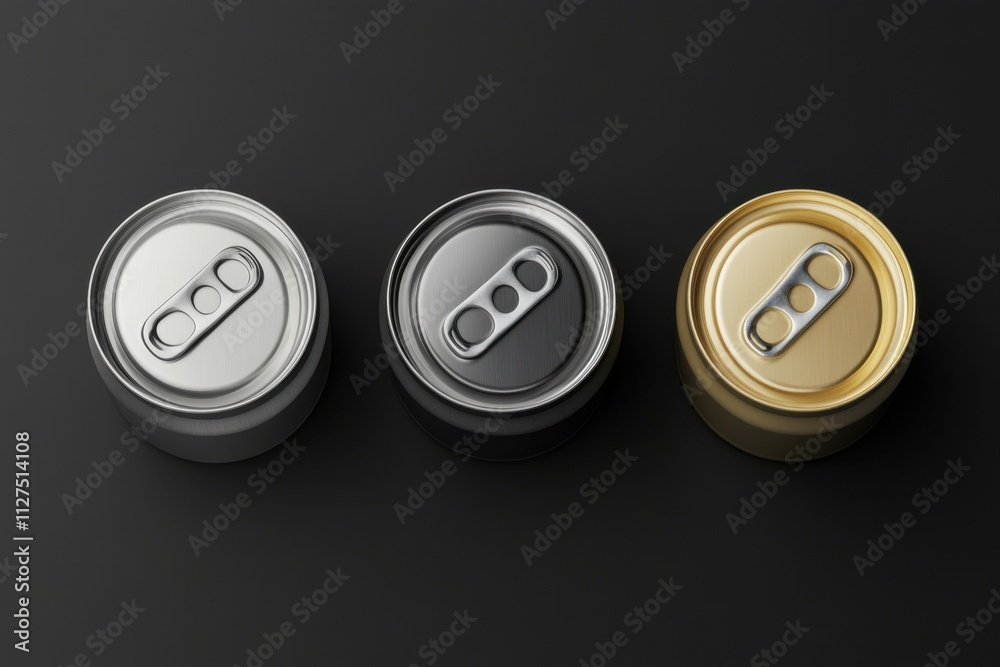 Aluminum soda cans viewed from the top, showcasing their reflective surface. Aluminum soda cans viewed from the top, showcasing their reflective surface.