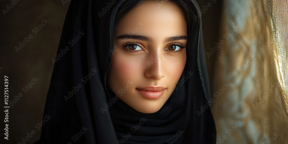 Emotional close-up portrait of a woman in a black hijab, soft and warm lighting, calm facial expression, professional photography Emotional close-up portrait of a woman in a black hijab, soft and warm lighting, calm facial expression, professional photography