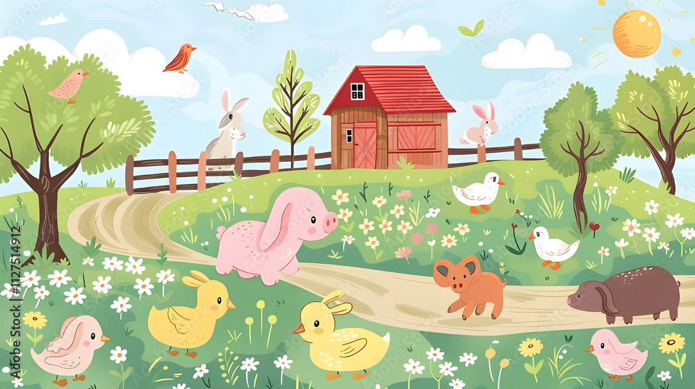 Happy farm animals playing in a sunny field near a barn. Happy farm animals playing in a sunny field near a barn.