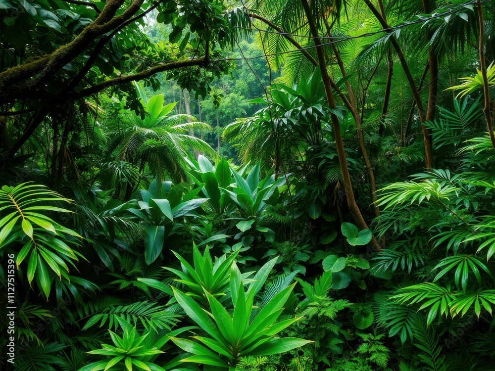 Lush green vegetation in dense tropical jungle of Southeast Asia in August, trees, foliage