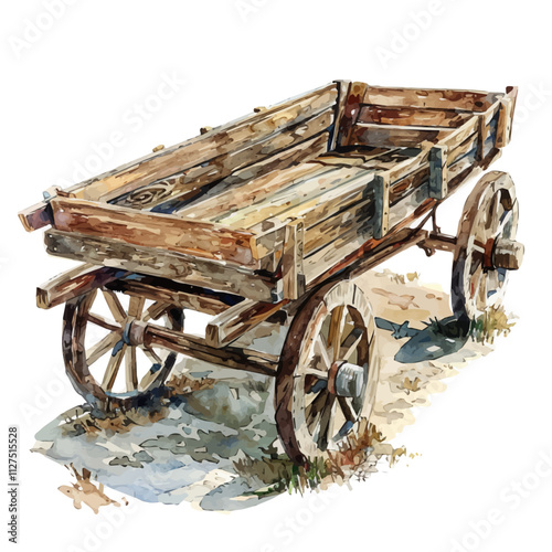 A watercolor of a wooden cart, isolated on a white background. Wooden cart vector.