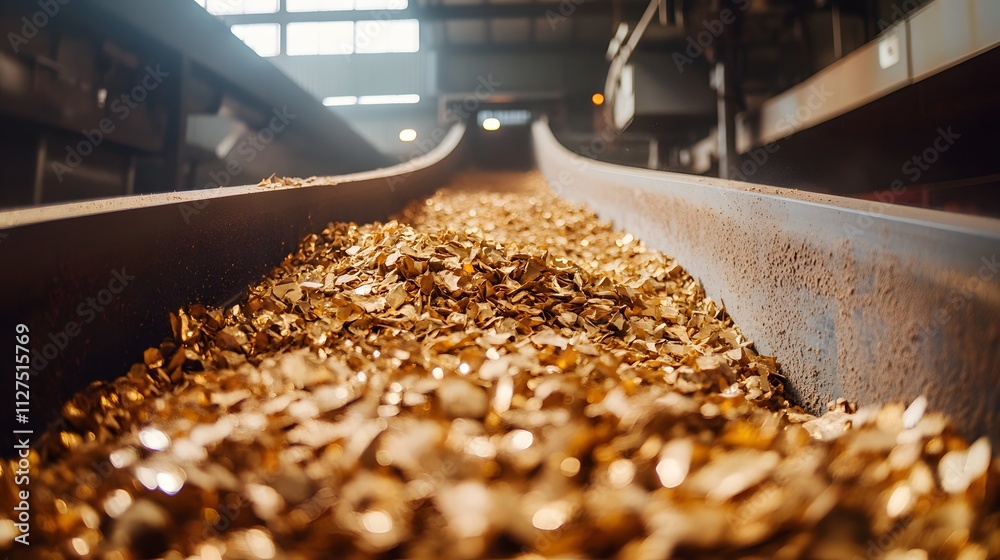 A massive heap of gold ore being moved by a conveyor belt at a processing site. A massive heap of gold ore being moved by a conveyor belt at a processing site.