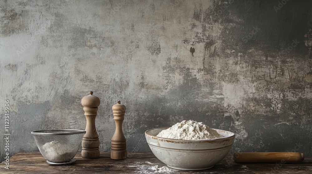 Baking essentials laid out on a wooden table, ready for preparation.

