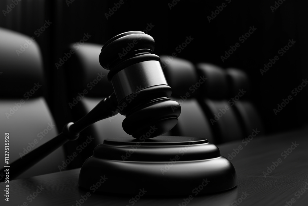 Wooden gavel rests on a judge's bench in a quiet courtroom setting Wooden gavel rests on a judge's bench in a quiet courtroom setting