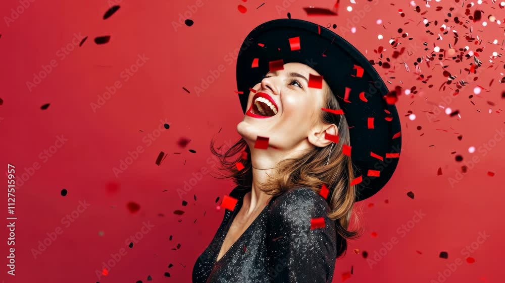 A celebrating businesswoman dances against red background with falling confetti around. Happy woman jumping for joy with a festive atmosphere. A celebrating businesswoman dances against red background with falling confetti around. Happy woman jumping for joy with a festive atmosphere.