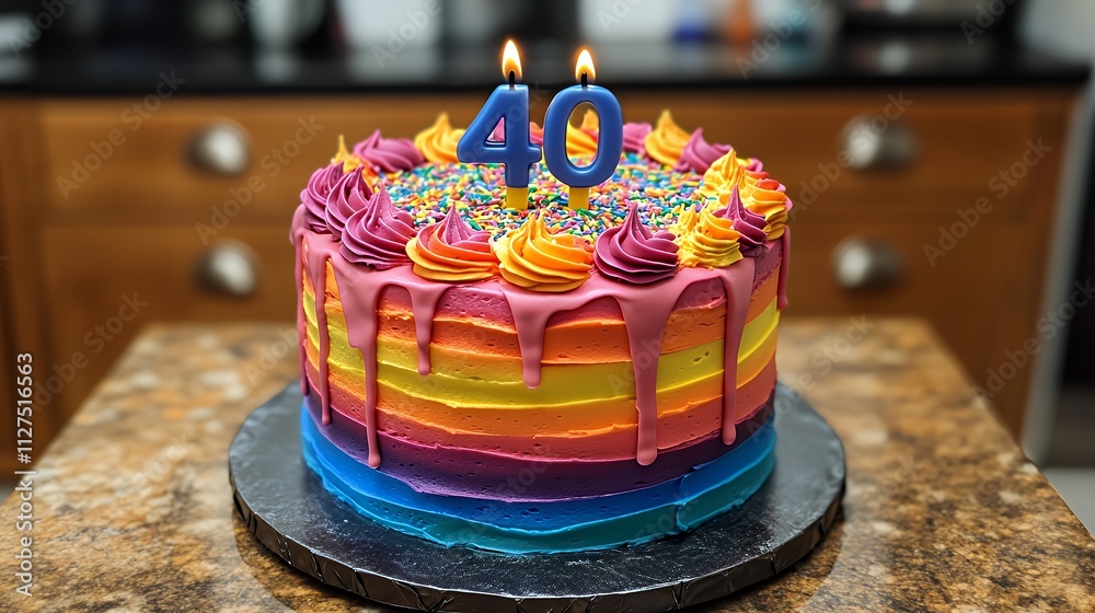 Colorful Layered Cake Featuring a Blue Number 40 Candle, Perfect for a Birthday Celebration in a Home Kitchen Setting During a Celebratory Gathering Colorful Layered Cake Featuring a Blue Number 40 Candle, Perfect for a Birthday Celebration in a Home Kitchen Setting During a Celebratory Gathering