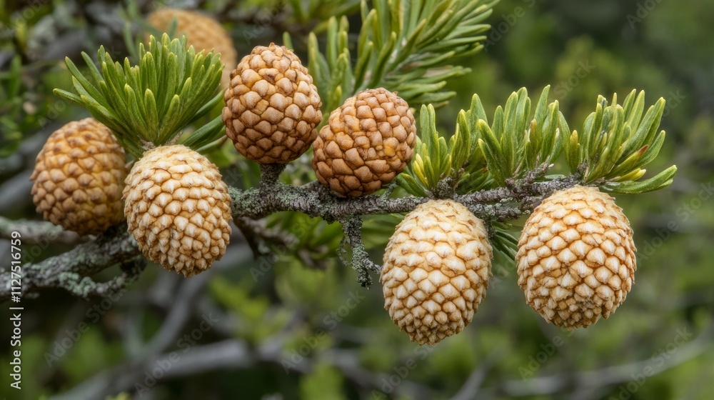 Close-up of a coniferous branch with pine cones, basking in natural sunlight.
Close-up of a coniferous branch with pine cones, basking in natural sunlight.