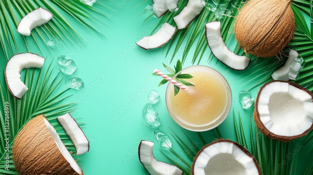 A refreshing view of chilled coconut juice in a glass, set against lush green coconut plants.
A refreshing view of chilled coconut juice in a glass, set against lush green coconut plants.