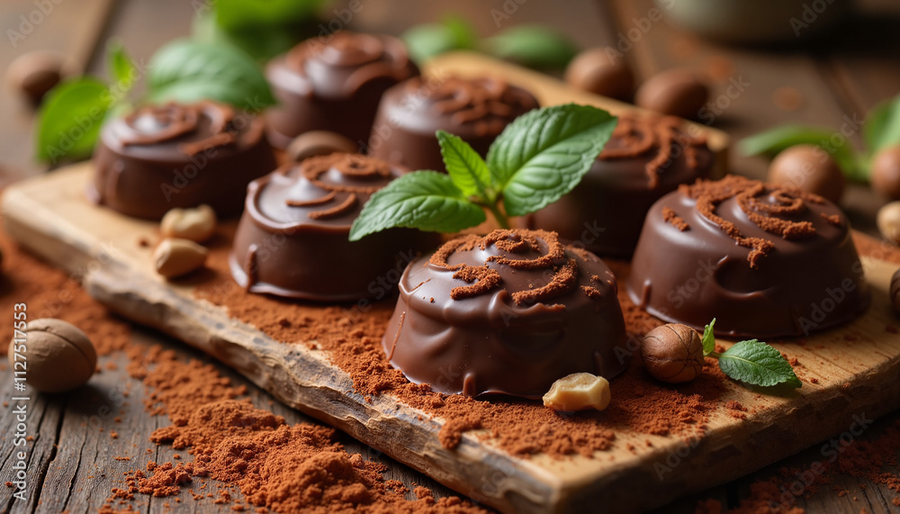 Gourmet chocolate pralines with mint and hazelnuts on wooden board Gourmet chocolate pralines with mint and hazelnuts on wooden board