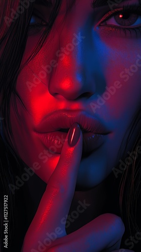 Close-up of a Woman's Lips and Finger Gesture in Vibrant Red and Blue Lighting, Conveying a Sense of Mystery and Allure in a Creative Studio Setting