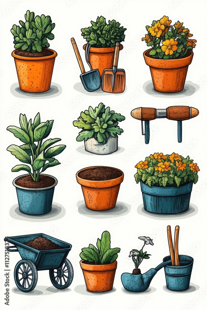 Potted plants and gardening tools on a table Potted plants and gardening tools on a table