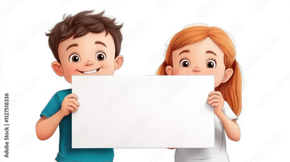 Happy Children Holding Blank Posters on White Background Happy Children Holding Blank Posters on White Background