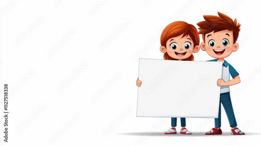 Happy Children Holding Blank Posters on White Background Happy Children Holding Blank Posters on White Background