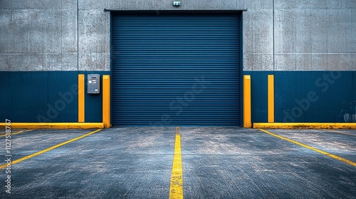 Industrial loading dock with a closed roll-up door at an urban warehouse location photo