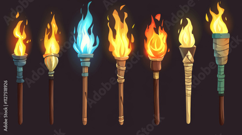 Set of medieval sprite torches with burning fire sequence animation. Ancient wooden brands with flame. Cartoon elements for pc game, flaming torchlight or lighting flambeau isolated vector icons photo