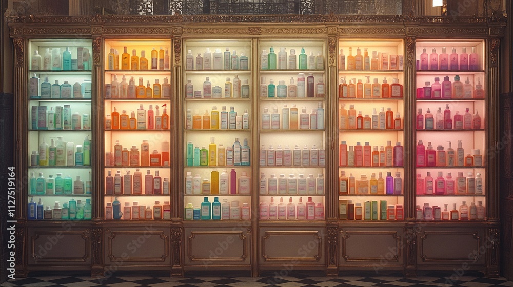 Colorful glass bottles arranged neatly on shelves in a stylish interior setting Colorful glass bottles arranged neatly on shelves in a stylish interior setting
