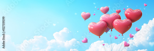 Colorful heart-shaped balloons float against a blue sky filled with soft clouds, celebrating love and joy on Valentine's Day, generative AI