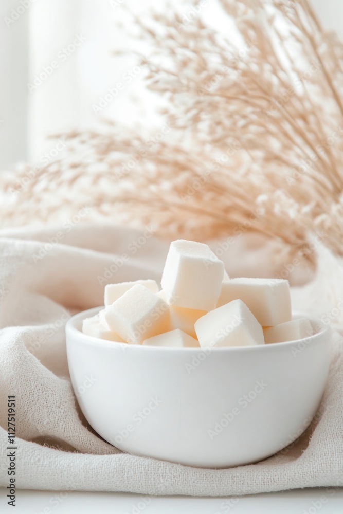 Creamy cubes of dry yogurt in a bowl with natural background for health and nutrition concepts Creamy cubes of dry yogurt in a bowl with natural background for health and nutrition concepts