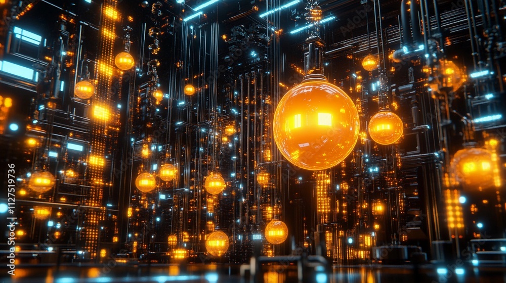 Vibrant electronic display featuring glowing orbs in a futuristic cityscape environment Vibrant electronic display featuring glowing orbs in a futuristic cityscape environment